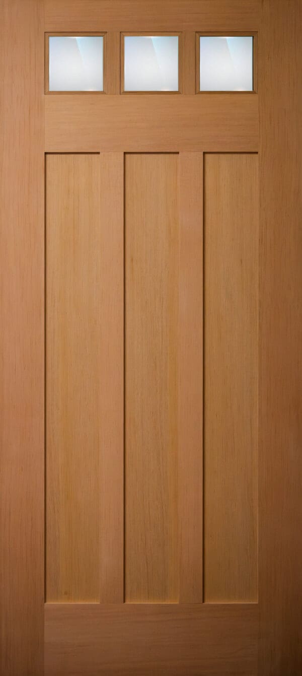 Wooden door with three small glass panels.