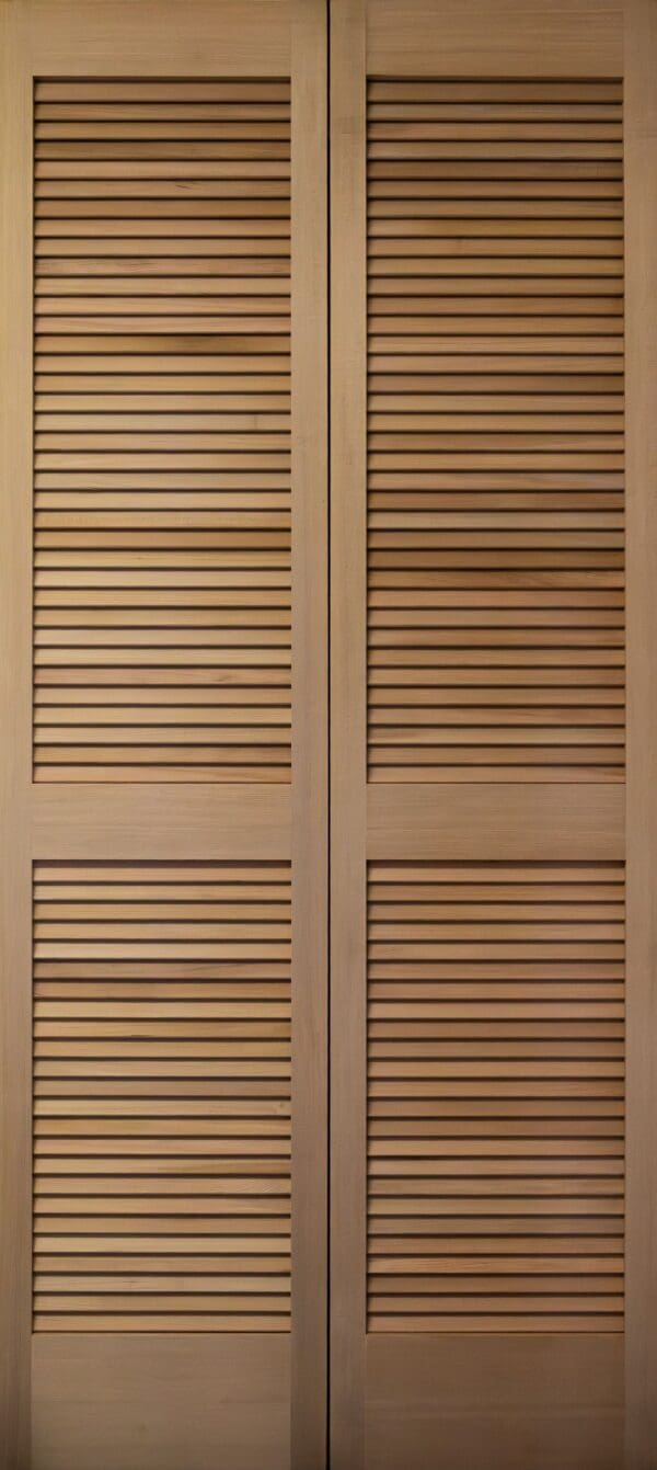 Wooden louvered closet doors, closed view.
